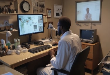 A modern virtual clinic setup with a doctor consulting a patient via video call.