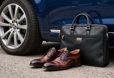 A luxury lifestyle detail showing a pair of polished leather shoes and a high-quality briefcase next to a dark blue executive car in a North American setting.