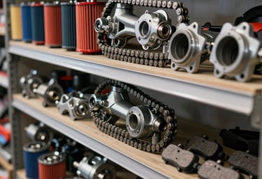 A shelf filled with brand-new, high-quality motorcycle parts such as chains, filters, and brake pads in a South American / Brazilian store environment. Organized and professional.