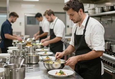 A diverse team collaborating around a table in a lively restaurant setting.
