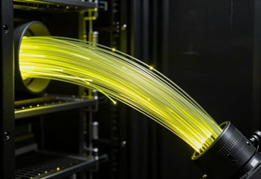 Photography of a high-speed fiber optic cable array in a dark data center, with intense neon yellow light pulsing through the translucent wires against a black environment.