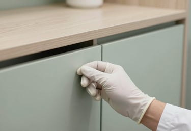 A close-up of a technician's hand wearing a clean white glove, carefully inspecting a high-end wooden cabinet in a luxury suite. The focus is on precision and care. Color palette includes Mist White and Soft Sage.