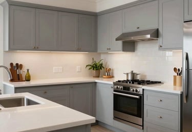 A wide shot of a sparkling clean, modern Australian kitchen with light gray cabinetry and off-white counters, illustrating a fresh home.