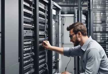 Close-up of hands typing code on a laptop with cybersecurity graphics overlay.