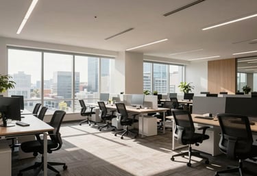 A wide-angle, bright, and airy open-plan office in an American tech hub with sunlight streaming in, featuring modern ergonomic furniture and a clean aesthetic.