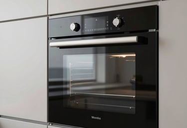A professional high-end built-in oven installed in a sleek, modern kitchen cabinet, reflecting clean Dubai interior design, Middle Eastern / Gulf.