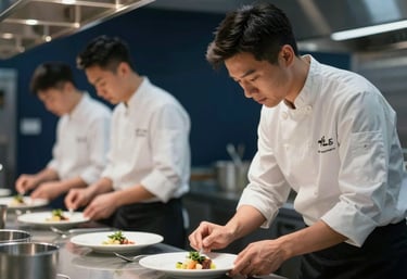 A professional gastronomy scene showing a high-end restaurant staff working with precision and joy. Clean, sophisticated lighting with deep navy and steel tones.