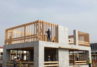 Close-up of hands reviewing blueprints on a construction site with tools nearby.