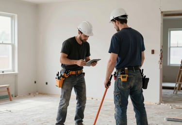 Close-up of hands reviewing blueprints on a construction site with tools nearby.