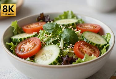 A lifestyle photograph of a healthy, colorful salad in a ceramic bowl, symbolizing nutrition and vitality. Bright, natural lighting with a soft background.