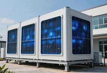 Modern green technology: a high-efficiency power cooling system in a North American corporate office, lit with sky blue and white light to emphasize sustainability.
