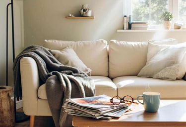 Cozy living room with a beige sofa, knit throw blanket, and coffee table with a steaming mug.