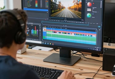 Creative studio setup with camera, lighting, and props for producing social media videos.