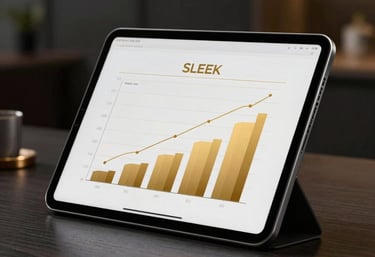 Sleek professional modern executive tablet in a dark room displaying elegant gold sales graphs, luxury office vibe.