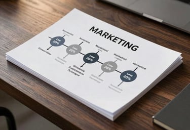 A structured marketing timeline document resting on a premium dark wood desk, slate grey and soft gold background elements, Brazilian business environment.