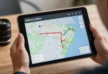 A digital tracking interface shown on a sleek tablet held by a person in a professional environment, showing a delivery route over a map of Brazil.