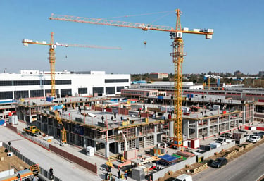 A sleek, futuristic construction site with cranes and workers collaborating.