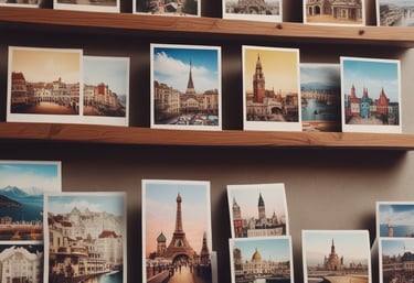 A vibrant display of colorful postcards and framed prints arranged on a wooden table.