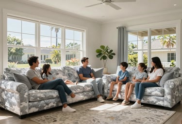 A family relaxing in a brightly lit North American / US home, the atmosphere clean and cool, with Silver Cloud soft furnishings and large windows showing a sunny California day.