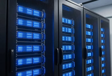 A high-end data center or server room showing glowing medium blue and ice blue LED lights, representing the technological infrastructure of the company, clean and futuristic photography.