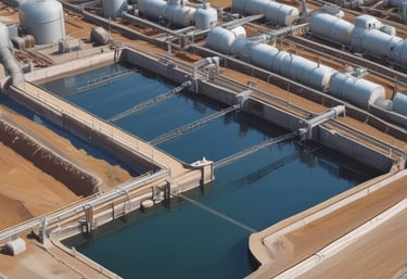 A water treatment plant with clear tanks and piping systems surrounded by greenery.