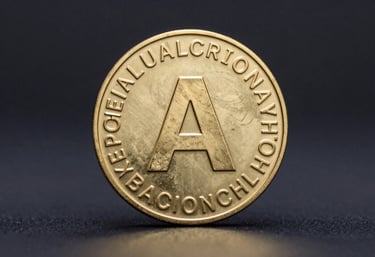 A macro photograph of a glowing digital token representing real-world asset tokenization, set against a dark charcoal and mist gradient background.