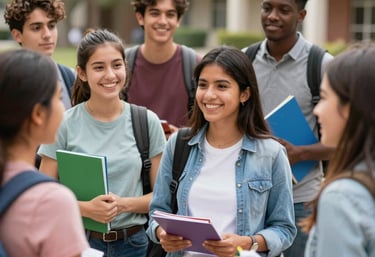 A diverse group of international students smiling together outside a Spanish university campus.