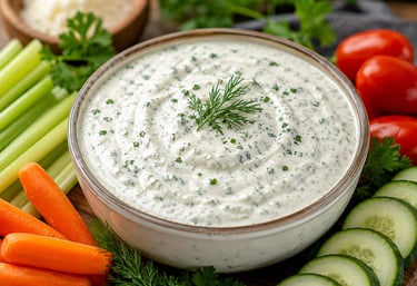A bowl of creamy herb ranch dip garnished with fresh dill, served with carrots, celery, and cucumbers.