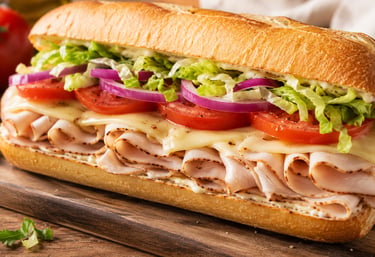Turkey sub sandwich on a toasted baguette with melted cheese, lettuce, tomato, and red onion.