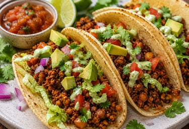 Platter of vegan ground meat tacos topped with fresh avocado, cilantro, and creamy lime dressing.