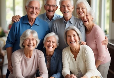 A smiling elderly woman comfortably using a portable dry flush toilet in a bright, cozy living room.