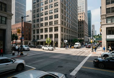 A bustling yet orderly North American urban intersection during the day, featuring modern city architecture and clean streets.