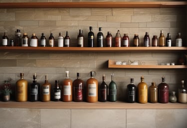 Close-up of artisanal vinegar bottles with fresh fruits and herbs around them on a rustic wooden table.
