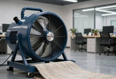 High-velocity industrial air mover fans drying a large carpet in a spacious North American office building. Professional setup in dark blue.