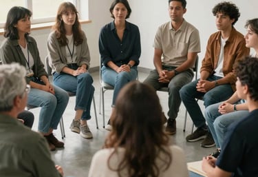 A group of community members in an International / Diverse Community sitting in a circle during a local meeting, expressing collaboration and hope, soft natural lighting.