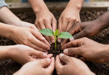Close-up of diverse hands working together to nurture a small green seedling in rich soil, professional photography, soft daylight, symbolizing growth and hope, International / Diverse Communities.