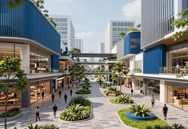 A sleek 3D architectural render of a modern commercial plaza in a Philippine urban setting, featuring Steel Blue accents and pedestrian-friendly green spaces.