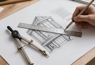 A high-angle photo of a professional architectural drafting table with a T-square, compass, and detailed pencil drawings of a commercial building.