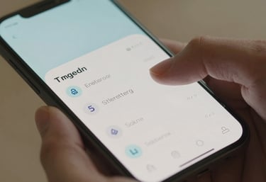 Close-up shot focusing on fingers swiping through a beautifully designed, modern productivity app interface on a smartphone. Global / English-speaking setting. Light blue and off-white theme.