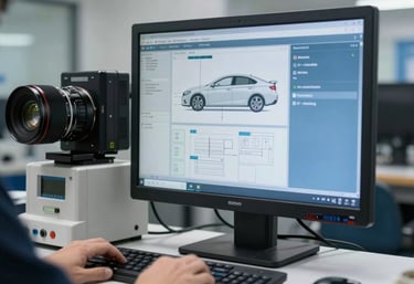 A focused shot of state-of-the-art computer diagnostic equipment inside a North American repair facility. The screen shows technical car schematics against a clean, steel blue background.