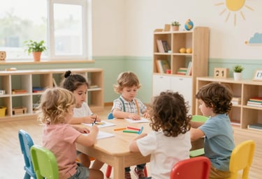A warm classroom scene showing diverse toddlers engaged in playful learning activities with caring teachers in BrightSprouts childcare center.