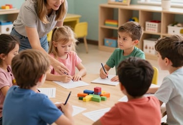 Caring teacher reading a story to a diverse group of attentive preschool children.