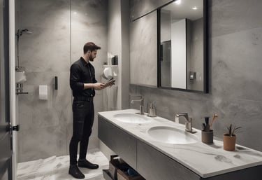 A friendly handyman fixing a kitchen cabinet in a cozy home setting.