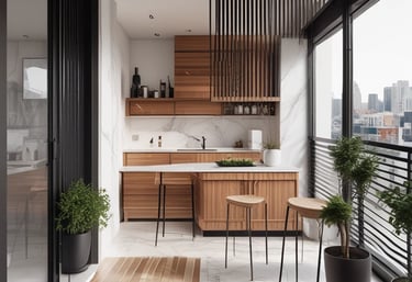 Before and after images showing a small room transformed with smart design.