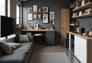 Modern small studio apartment interior with optimized layout and soft pink accents.