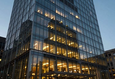 Exterior of a modern glass office building in a major North American / US city at dusk, Soft Azure sky and warm interior lights.