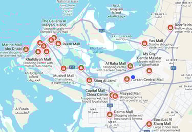 Kaart van Abu Dhabi met locaties van winkelcentrums | Malls