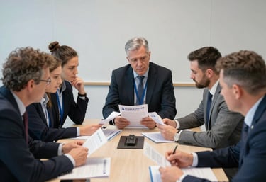A group of professional sports administrators and coaches in a clean, modern conference room in Slovenia, collaborating on child protection manuals.