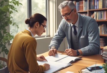 A friendly consultant advising a student and guardian in a bright office.