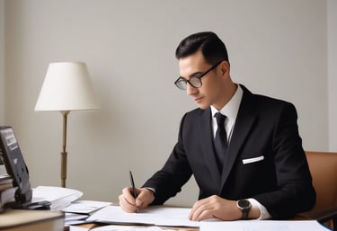 a man in a suit and tie is sitting at a desk